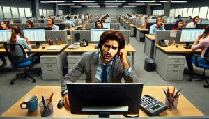 Latin American call center agent looks frustrated sitting at his desk while on a call. 