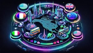 Country flags and various landmarks illustrated on a graphic.